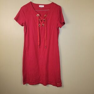Calvin Klein Red Lace Up T-Shirt Dress Womens S Cotton Stretch Short Sleeve